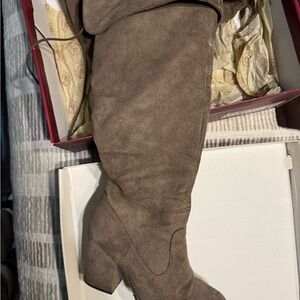 SO Taupe Suede-Look Knee-High Block Heel Boots